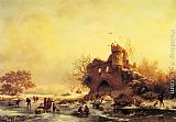 Frederik Marianus Kruseman Famous Paintings - Winter Landscape with Skaters on a Frozen River beside Castle Ruins